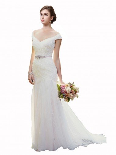 Cap Sleeves Off the Shoulder Ruched Mermaid Tulle Beach Wedding Dress Essex