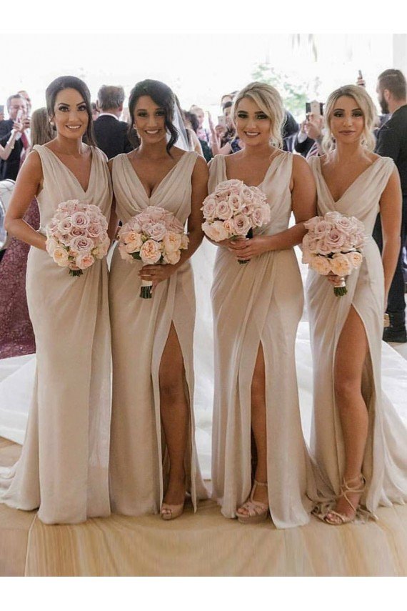 Chiffon Long Champagne Bridesmaid Dress with Sexy High Slit and Front Ruffles Essex