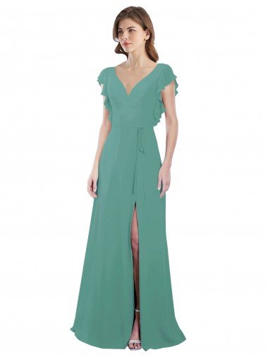 Full Length Chiffon Bridesmaid Dress with Ruffled Cap Sleeves and Side Slit Essex