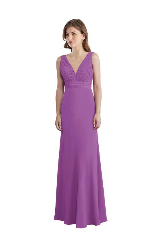 V-Shaped Neckline Long Chiffon Bridesmaid Dress with Cascading Ruffles Back Essex