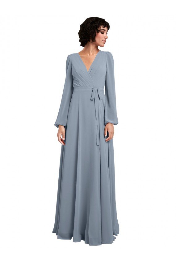 Wrap Style Long Sleeves Chiffon Bridesmaid Dress with Pleated Bodice Essex