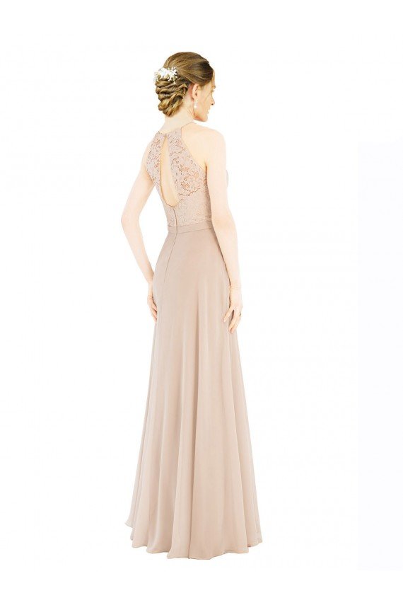 High Halter Neck Illusion Lace Bridesmaid Dress / Prom Dress with Chiffon Skirt and Keyhole Back Essex