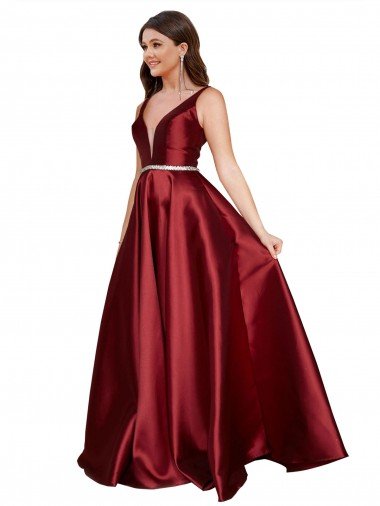 Sleeveless Deep V-Neck A-Line Formal Satin Bridesmaid Dress / Prom Dress with Pockets Essex