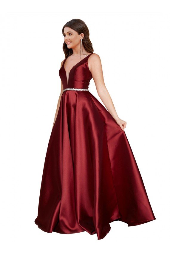 Sleeveless Deep V-Neck A-Line Formal Satin Bridesmaid Dress / Prom Dress with Pockets Essex