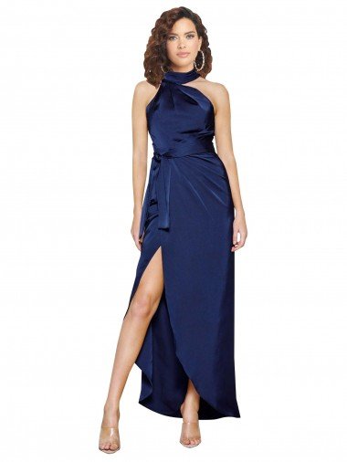 Full Length High Neck Wrap Formal Silky Satin Bridesmaid Dress / Prom Dress with Waist Tie Essex