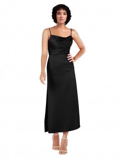 Cowl Neck Formal Tea-Length Short Silky Satin Bridesmaid Dress / Cocktail Prom Dress with Skirt Slit Essex