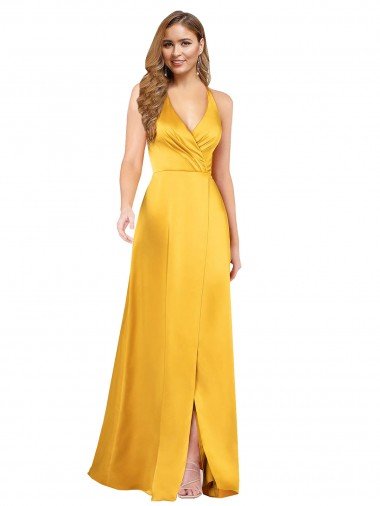 Halter A-Line Formal Silky Satin Bridesmaid Dress / Prom Dress with V-Neckline and Slit Essex