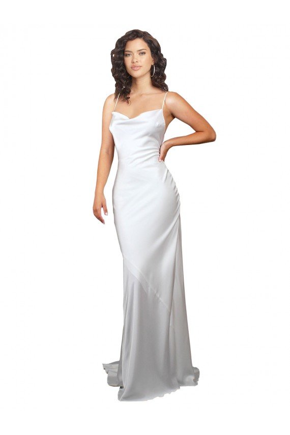 Simple Sweep Train Low Back Tie Cowl Neck Long Silky Satin Beach Wedding Dress Essex