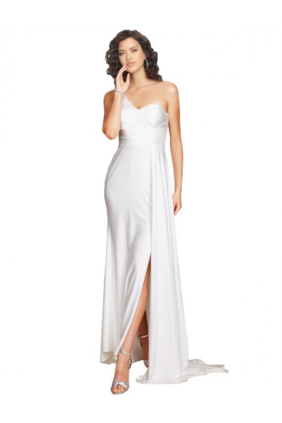 One Shoulder Floor Length Silky Satin Wedding Dress with Side Slit Essex