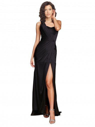 Full Length One Shoulder Ruffled Long Formal Silky Satin Bridesmaid Dress / Prom Dress with High Slit Essex