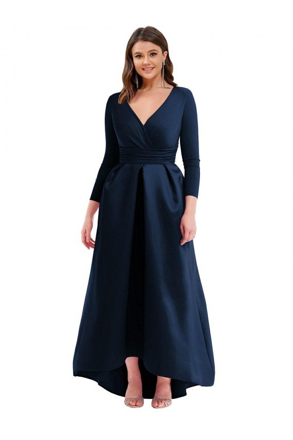 Long Sleeves Wrapped Formal Spandex Bridesmaid Dress / Prom Dress with High Low Full Skirt and Pockets Essex
