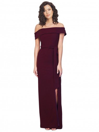 Fitted Full Length Off the Shoulder Formal Crepe Bridesmaid Dress / Prom Dress with Side Split and Waist Tie Essex
