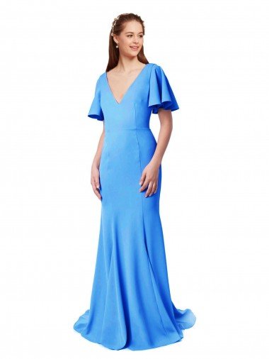 Short Sleeves Long V-Neck Crepe Bridesmaid Dress / Prom Dress with V-Back Essex