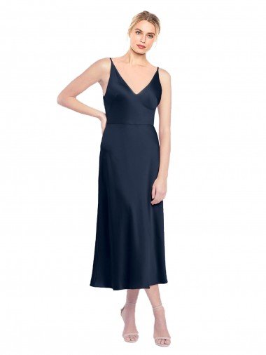 V-Neck Midi Length Short Cocktail Formal Stretch Satin Bridesmaid Dress / Prom Dress V-Back Essex