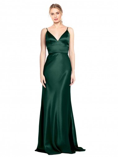 High V-Neck Long Full Length Sheath Formal Stretch Satin Bridesmaid Dress / Prom Dress Essex