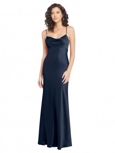 Cowl Neck Long Empire Waist Formal Stretch Satin Bridesmaid Dress with Open Back Essex