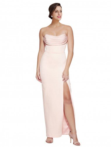 Cowl Neck Strapless Formal Stretch Satin Bridesmaid Dress / Prom Dress with High Split Essex