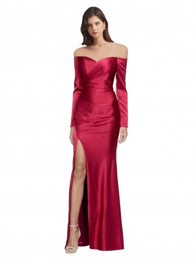 Long Sleeves Off the Shoulder Formal Stretch Satin Bridesmaid Dress / Prom Dress with High Side Split Essex