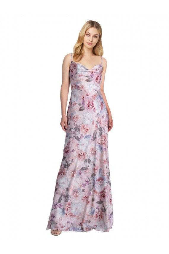 Draped Cowl Neck Long Printed Formal Stretch Satin Bridesmaid Dress Essex