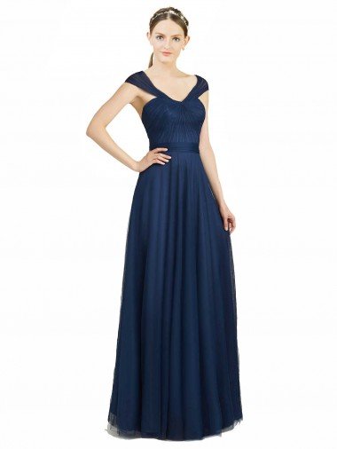 Ruched Sweetheart Long A-Line Tulle Bridesmaid Dress with Wide Straps and Tie Back Essex
