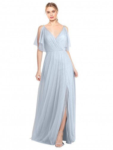 Floor Length Flutter Sleeves Long Tulle Bridesmaid Dress with Side Slit Essex