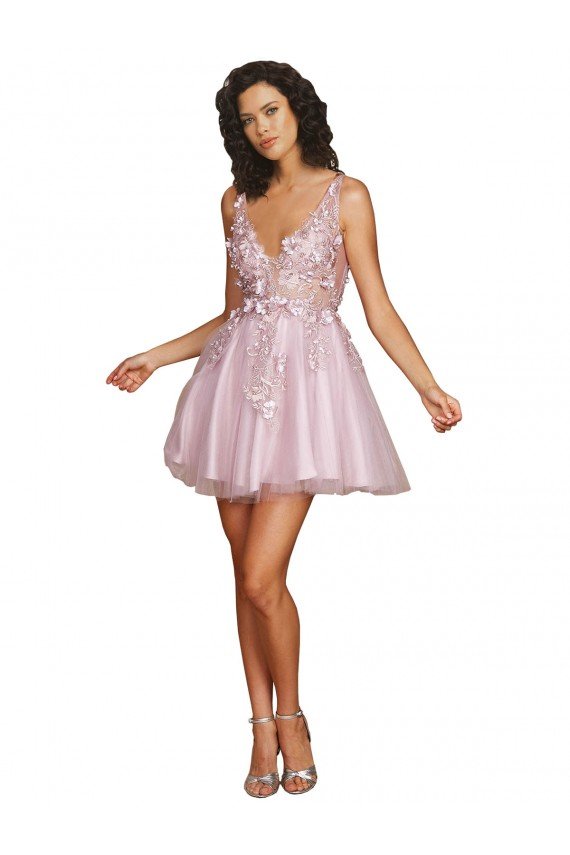 Sleeveless V-Neckline Short Cocktail Dress with Embellished Lace Appliques Essex