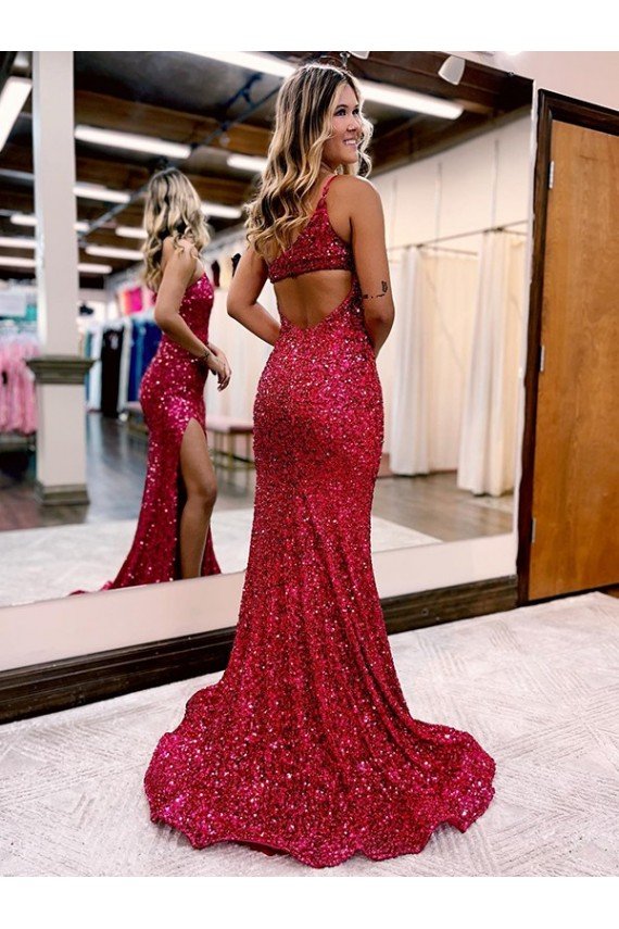 Mermaid One Shoulder Sleeveless Long Sweep Train Velvet Sequin Prom Dress with High Slit Essex