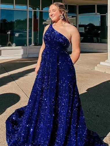 A-Line One Shoulder Sleeveless Long Sweep Train Velvet Sequin Prom Dress with Pockets Essex