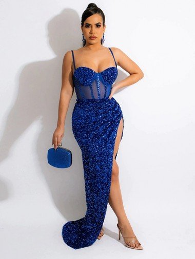 Long Sweep Train Spaghetti Straps Sleeveless Velvet Sequin Prom Dress with Slit Essex