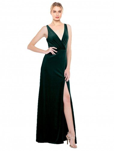 Sleek V-Neck Long Formal Velvet Bridesmaid Dress / Prom Dress with Side Slit Essex