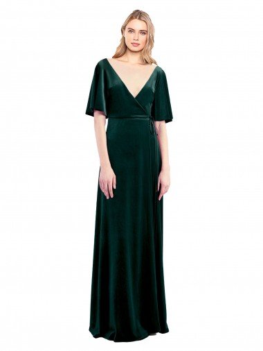 Deep V-Neck Flutter Sleeves Long Velvet Wrap Bridesmaid Dress / Prom Dress Essex