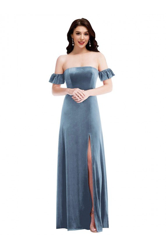 Ruffle Sleeve Off the Shoulder Velvet Maxi Bridesmaid Dress / Prom Dress Essex