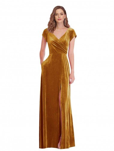 Cap Sleeve Faux Wrap Formal Velvet Maxi Bridesmaid Dress / Prom Dress with Pockets Essex