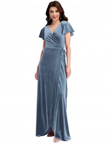 Flutter Sleeve Velvet Wrap Maxi Bridesmaid Dress / Prom Dress with Pockets Essex