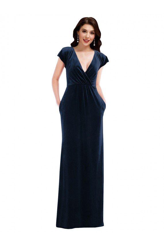Flutter Sleeve Wrap Bodice Formal Velvet Maxi Bridesmaid Dress / Prom Dress with Pockets Essex