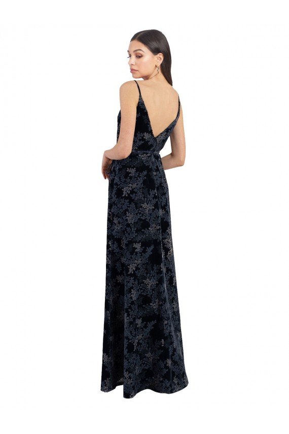 Floral Velvet Surplice V-Neck Long Bridesmaid Dress with V-Back Essex