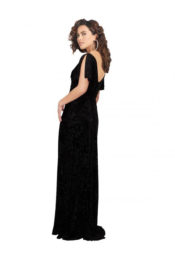 Split Sleeves V-Neck Floral Velvet Bridesmaid Dress with Front Slit Essex